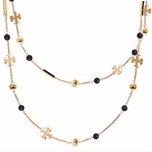 ****sold*****Tory Burch Gold and Black Kira Scatter Rosary Necklace